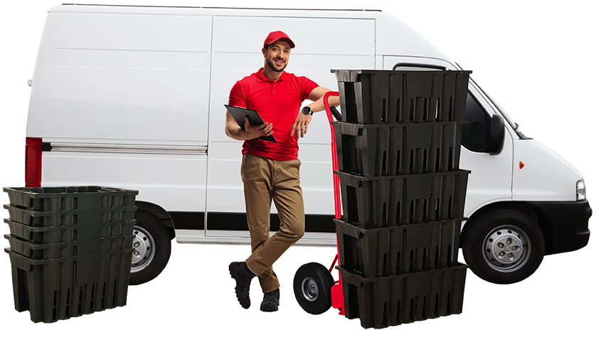 A happy delivery driver using the space-saving Q-tote beverage pre-kitting totes to transport a large quantity of beverage products.